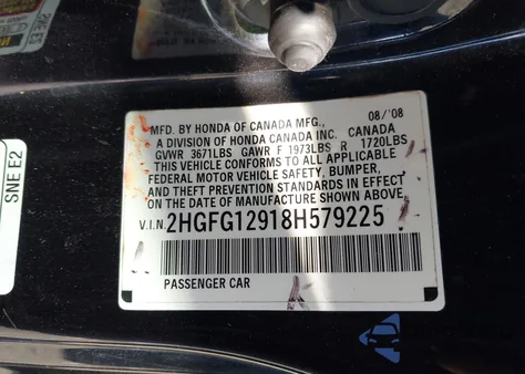 2008 Honda Civic Ex-L from USA, damaged, VIN 2HGFG12918H579225